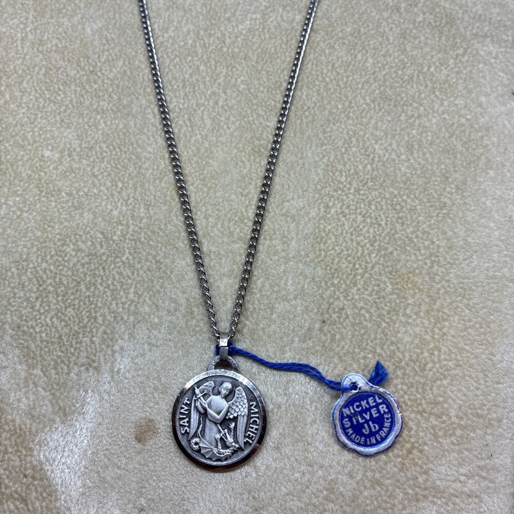 Vtg Saint Michael Pendant & Chain Nickel Silver Made in France Signed JB